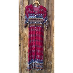 Boho Festival Maxi Tribal Women's M Button Front Ethnic Print Cottagecore